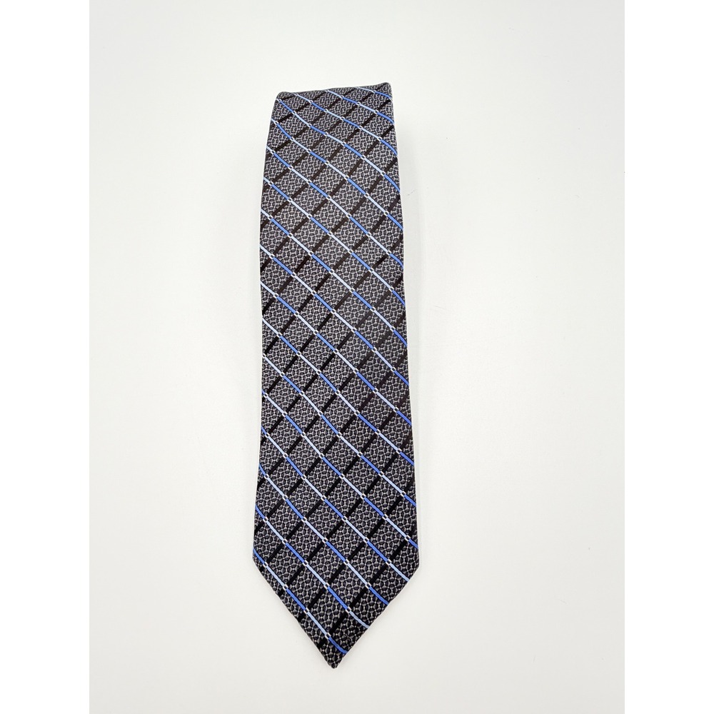 Bespoke Mens Silk Necktie Grey Black Blue Geometric Striped Formal Business Tie
